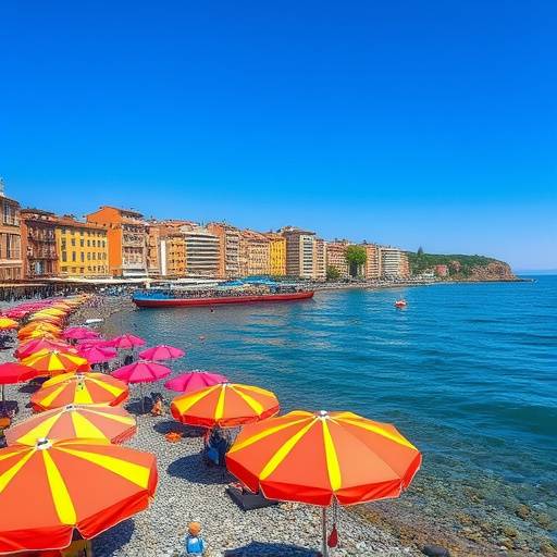 Veduta della costa romagnola con ombrelloni colorati